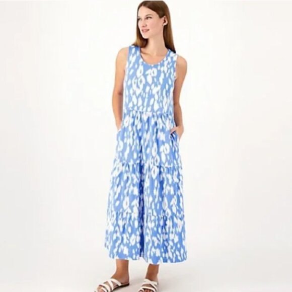 Denim & Co. Beach Petite Printed Knit Linen Blend Midi Dress - Blue Ikat - 4XP - Picture 1 of 4